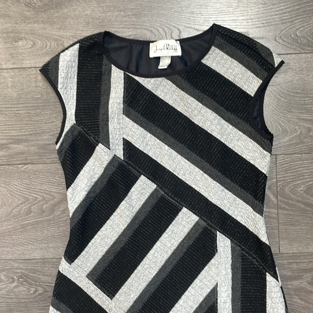 Joseph Ribkoff stripped black gray PRINT SLEEVELESS SHEATH DRESS - Picture 2 of 10